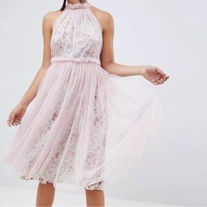 ASOS Blush Pink Floral Midi Dress With Tule Overlay Sz 14